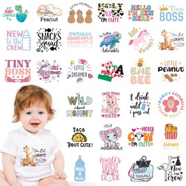 Dazoratix Baby Iron on Transfers - 30 Sheets Cute DTF Transfer Ready to Press Onesie Decorating Kit Making Heat Patches Stickers for Shower Games Bibs DIY Crafts Gender Reveal T-Shirt Clothing Fabric