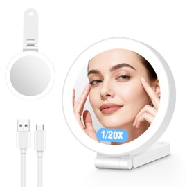 VueCute Travel Makeup Mirror with Lights, 20X/1X Double-Sided Magnifying Mirror with 3 Color Lights, Brightness Adjustable, Rechargeable, Foldable Handheld Makeup Mirrors Portable for Travel Use