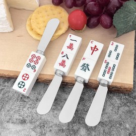 Wine Things Mahjong Tile Cheese Spreaders, Hand-Painted Resin Handles with Stainless Steel Blades for Spreading Cream Cheese, Butter, and Jam, Assorted Designs, Set of 4
