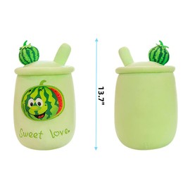 OPHRBU 14" Cute Stuffed Plush Bubble Tea Pillow,Pearl Milk Tea Stuffed Animals Toy,for Kids Birthday,Valentine,Christmas. (Green Watermelon)