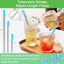 Kynup Metal Reusable Drinking Straw, 4 Pack Portable Collapsible Straws with Case,18/10 Stainless Steel Metal Travel Keychain Straws, Adjustable Length up to 23cm, 6mm Diameter, Cleaning Brush, 20Pcs