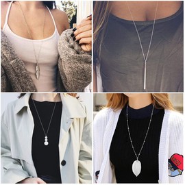 YQZIYOU 8 PCS Long Necklaces for Women - Fashion Pendant Necklace Jewelry, Silver Bar Feather Circle Leaf Tassel Y Necklace Jewelry Set for Girls