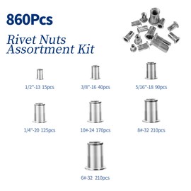 Rivet Nuts Rivnuts, Nutsert Rivet Nut Kit, 860 Pcs Flat Head Insert Tthreaded Rivets, RIV Nuts Rivnut Kit 6#-32 8#-32 10#-24 1/4"-20 5/16"-18 3/8"-16 1/2"-13, Knurled Stainless Sliver