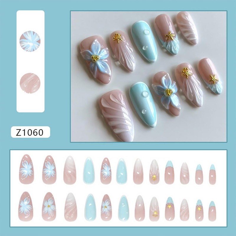 24Pcs Blue Flower Press on Nails Medium Almond French Tip