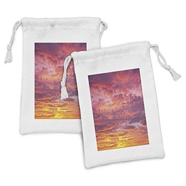 Ambesonne Sky Fabric Pouch Set of 2, Sunset Photography with Clouded Weather Tropical Scenic Hawaii Tranquility, Small Drawstring Bag for Toiletries Masks and Favors, 9" x 6", Coral Dried Rose Orange