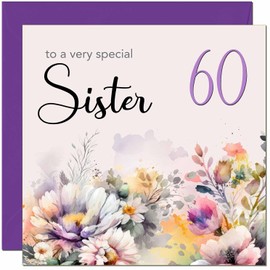 60th Sister Birthday Card - Purple Floral Sister's Birthday Card for 60 Year old Sixty Sixtieth