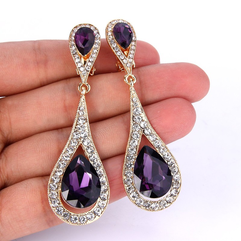 EVER FAITH Purple Rhinestone Teardrop Clip On Earrings, Wedding Bridal