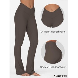 Sunzel Mini Flare Leggings for Women V Crossover Mid Rise Workout Flared Yoga Pants with Tummy Control and Wide Leg 32" Seal Brown X-Small