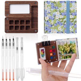 Qilery Mini Portable Watercolor Palette Set Wooden Grid Paint Box Watercolor Paper Sketch Book Brush Pens with Binder Clips for Painters Artists Students Not Include Paint(Blueberry)