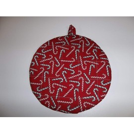 Christmas Pot Holders Red and Green Candy Canes Heat Resistant Handmade Double Insulated Round 9 Inches