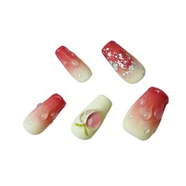 Handmade Nail Tip Medium Long Ballerina False Nail Hand-painted Pale Green Fruit Pattern Popular Fashionable 3D Rhinestone Cute Design Nail Set of 10 (Polished Sand Honey Peach, S)