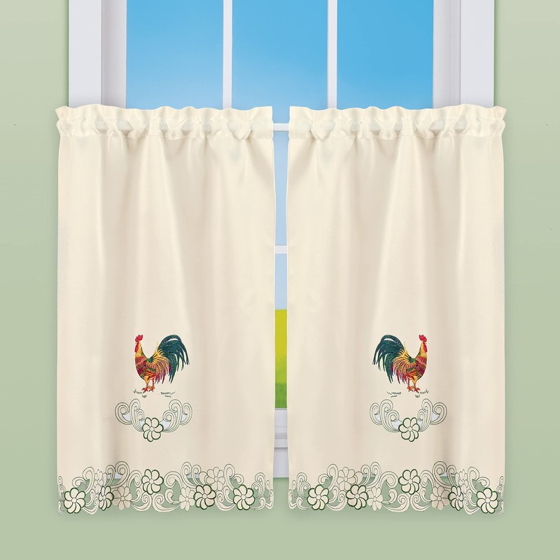 Collections Etc Rooster Embroidered Kitchen Window Curtains