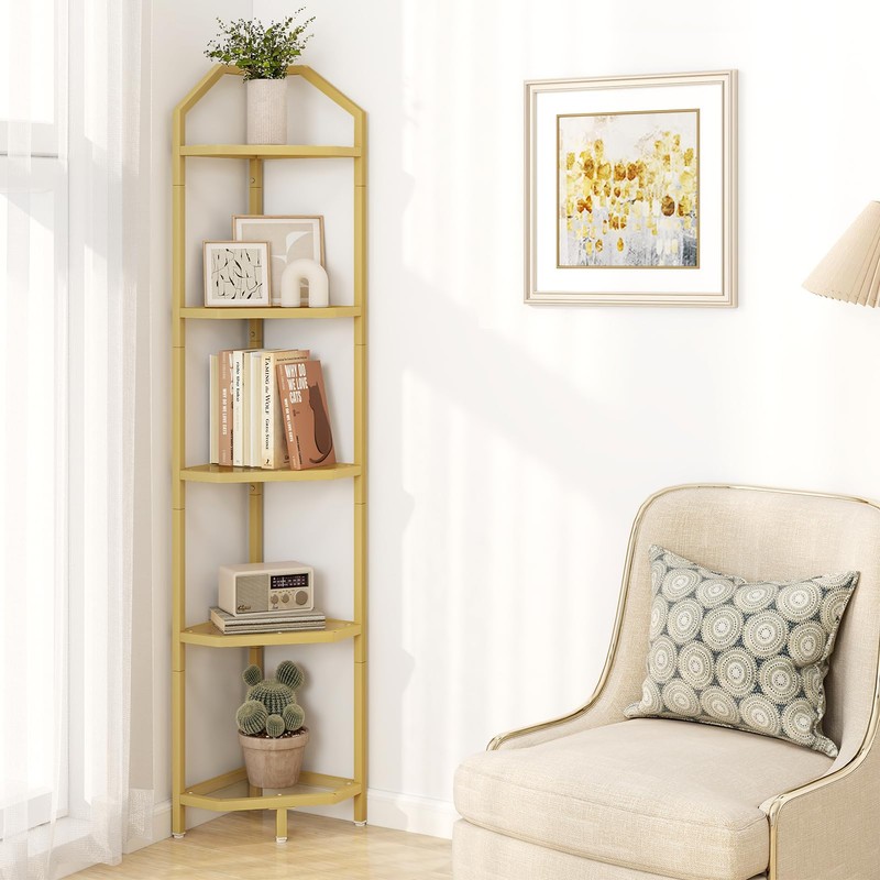 5 Tier Corner Shelf Stand, Gold Metal Frame Corner Shelf
