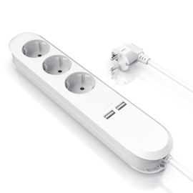 Bearware - 3-Way Power Strip with 2 x USB Charging Ports - Multiple Socket with 2 USB Ports 3680W - Power Strip with Touch Protection White
