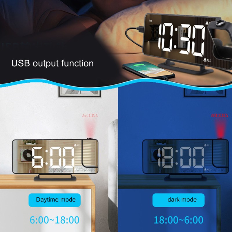 Digital Projection Alarm Clock LED Display USB Powered Auto Sensitivity