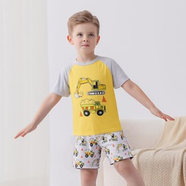 SFreeBo Kids Pyjamas Boys Yellow Excavator Boys Short Pyjamas Sets Summer Cotton Nightwear Comfy Breathable 2 Piece 5-6 Years