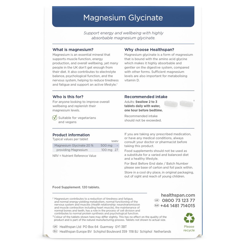 Healthspan Magnesium Glycinate 1500mg (120 Tablets) | Unwind at Bedtime