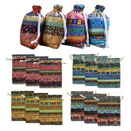 PFLYPF Pack of 12 Ethnic Style Cotton and Linen Bags, Wedding Party Gift Bags, Candy Bags with Drawstring, Jewellery Storage Bags, for Wrapping Gifts and Celebrations (13 x 18 cm)