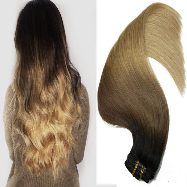 HUAYI Chocolate Dip Blonde Ombre 20inch 120g 7Pcs Clip In Hair Extensions Human Hair Double Weft Thick End Straight Soft For Full Head Balayage Hair(2627#20'')