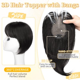 MONIXI Hair Toppers for Women Bangs Hair Clip 360° 3D Cover Clip in Fake Bangs with Toppers Hair Pieces for Thinning Hair Synthetic Fluffy Hair Topper Daily Use (Brown Black)