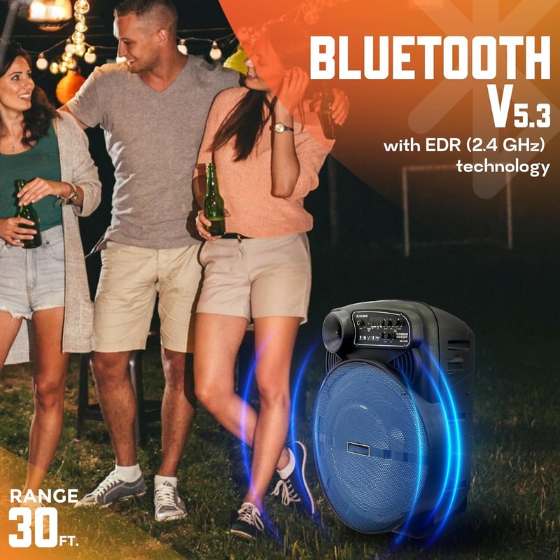 Dazone 15" Party Bluetooth Speaker Rechargable Subwoofer Karaok Wireless Mic