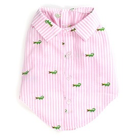 The Worthy Dog Embroidered Alligator Stripe Seersucker Button Up Look Pet Shirt, Soft Cotton Tank T-Shirt for Dogs, Breathable Summer Outfit, Fits XS Size Dogs, Pink