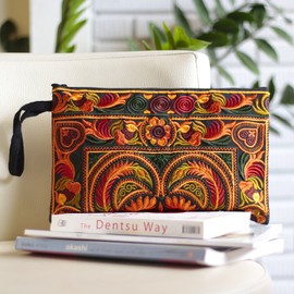 Sabai Jai Embroidered Ethnic Clutch Wristlet Purse for Women's Boho Handbag Flower Bag for Girls Handmade (Gold/Ivy)