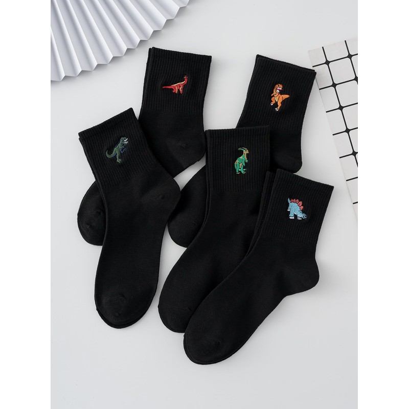 WDIRARA Men's 5 Pairs Dinosaur Embroidered Crew Socks Casual Cartoon