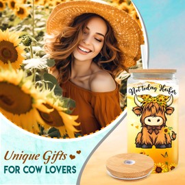 Highland Cow Gifts - Birthday, Christmas Gifts for Women, Coworker, Friend, Farmer - Cow Lover Gifts, Highland Cow Stuff - Sunflower Cow Cup - 16 oz Glass Cup with Straw