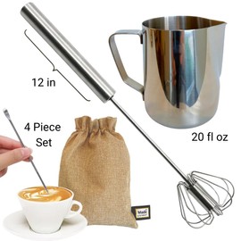 Gourmet Manual Milk Frother Set & Latte Kit, Stainless Steel Barista Grade Milk Frothing Pitcher & Whisk, Affordable Complete Set to Upgrade Your Coffee in Apartment, Dorm, Coffee, Matcha & Espresso