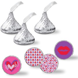 Valentine Hearts Hugs & Kisses Party Kiss Sticker Labels, 300 Party Circle Sticker Sized 0.75” for Chocolate Drop Kisses by AmandaCreation, Great for Party Favors, Envelope Seals & Goodie Bags