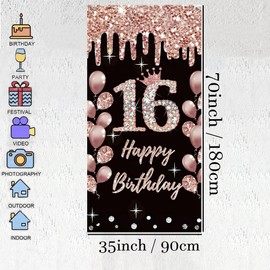 16th Birthday Decoration for Girls Happy 16th Birthday Poster Door Banner Black and Rose Fabric Sign Wall/Door Banner 16th Birthday Background Banner Girls Birthday Party Welcome Sign, 35.4"x70"