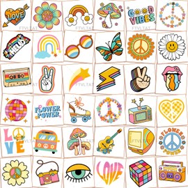 FTVLTAT Groovy 70s Hippie Temporary Tattoos - 36 Sheets with Peace Signs, Smiley Faces, Flowers & Vintage Designs, Waterproof Retro Body Art Stickers for Music Festival, Party