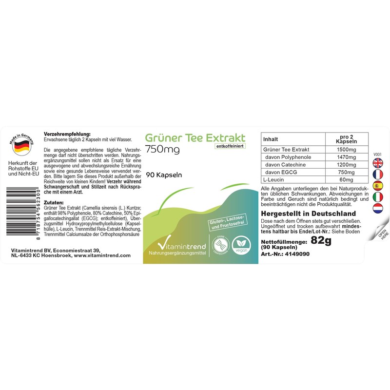 Green Tea Extract 750 mg - 90 Capsules - Decaffeinated