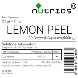 Nutrics® 600mg LEMON PEEL 100% Pure 90 V Capsules (1 Month Supply) - Citrus x Limon - Suitable for Vegan Vegetarian Halal & Kosher