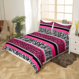 Zebra Stripes Duvet Cover Leopard Bedding Set For Kids Boys Girls Pink Black White Zebra Leopard Fur Comforter Cover Ultra Soft Wild Animal Skin Texture Bedspread Cover Double