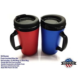 2 ThermoServ Foam Insulated Coffee Mugs 34 oz (1) Blue & (1) Red