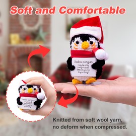 CoFuBcad Positive Penguin with Christmas Hat, Cute Christmas Crochet Penguin with Positive Card Wool Doll Emotions Penguin Christmas Party Decoration Encouragement Gifts