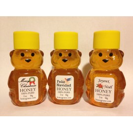 Honey Merry Christmas, Feliz Navidad, Joyeux Noel Gourmet Honey Gift 3 Pack of 2 Ounce Mini Bears
