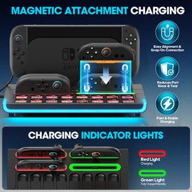 Tokluck Organizer Station for 2025 Switch 2 Controllers & Console, Magnetic Fast Joy-Con 2 Charging Dock Base Station with 9 RGB Modes, Switch 2 Storage Base with 16 Game Card Slots