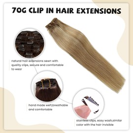 Clip in Hair Extensions Real Human Hair 27/613 Honey Blonde Highlighted Bleach Blonde, Clip in 100% Brazilian Remy Human Hair Extensions 7pcs Per Set with 16 Clips Double Weft 12" 70G