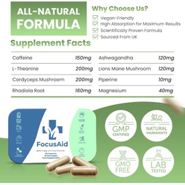 Focus Aid Nootropics Brain Supplement – Natural Cognitive Enhancer with Lion’s Mane, Ashwagandha & More – Boost Focus, Energy & Mental Clarity – 60 Capsules