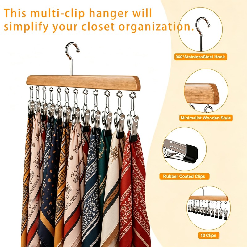 Closet Organizer with 10 Clips, 2 Pack Wooden Hanging Storage
