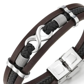 COOLSTEELANDBEYOND Three-Row Infinity Love Number 8 Friendship Brown Black Braided Leather Bangle Wristband Bracelet(CA)