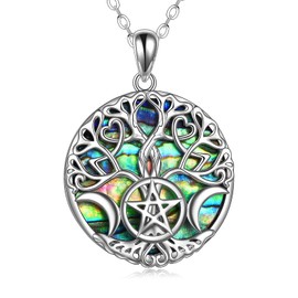 AOBOCO Sterling Silver Tree of Life Pendant Necklace with Abalone Shells/Crystal Celtic Knot Family Tree Witches Pentagram Jewellery Birthday Christmas Gifts for Women Mother Wife, Sterling Silver