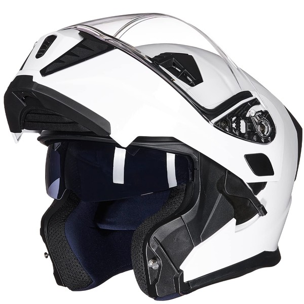 ILM Motorcycle Modular Full Face Helmet Flip up Dual Visor Motorbike Moped Street Bike Racing for Adult,Men and Women DOT Model 906(White,Large)