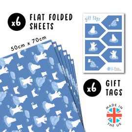 Polar Bear Wrapping Paper - 6 Sheets Of Birthday Gift Wrap - Cute Polar Bears - Blue Wrapping Paper For Boys And Girls - Comes With Stickers - By Central 23