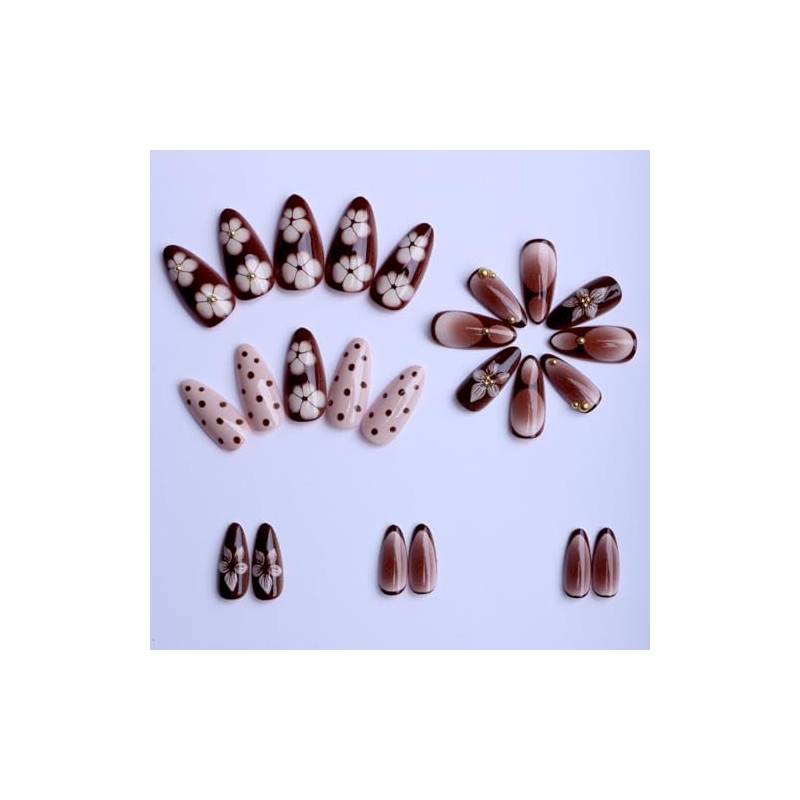 Uñas postizas de almendra medianas con diseño floral 3D, color