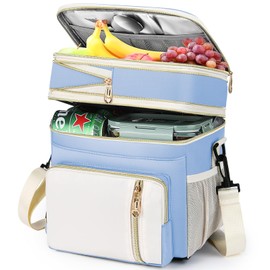 LOKASS Lunch Box for Women, 16L, Double Deck Expandable Insulated Lunch box For Adults/Women Thermal Large Waterproof Leakproof Cooler Bag with Shoulder Strap - Sky Blue