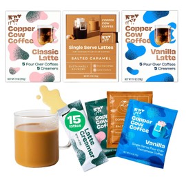Copper Cow Vietnamese Coffee Variety Pack (15 Coffees & 15 Creamers)| Classic, Vanilla, & Salted Caramel Latte | Pour Over Single-Serve Lattes, No Refrigeration Needed, Travel Friendly Ground Coffee